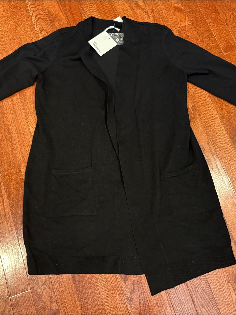 Madison Long Black Open-Front Knit Cardigan